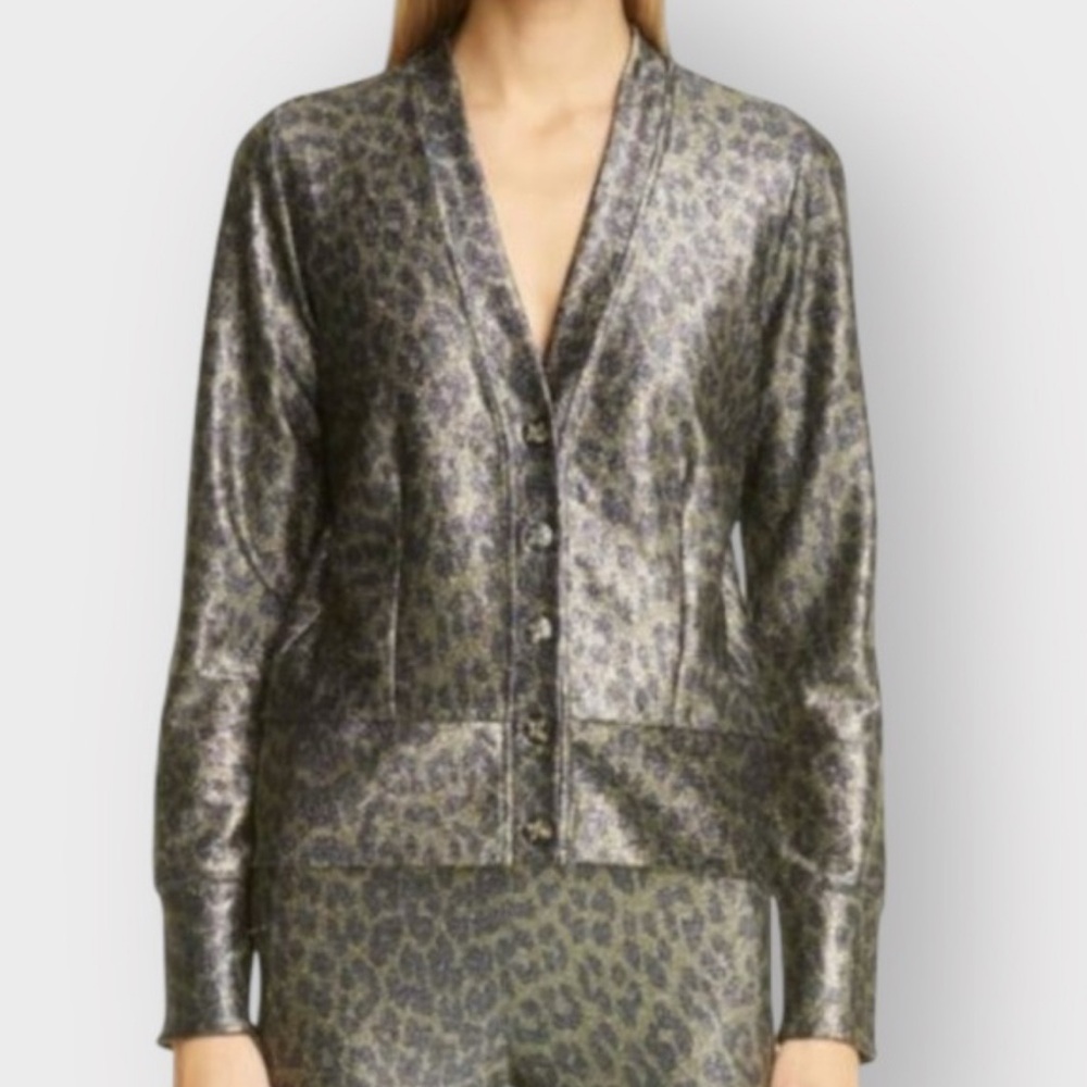 GANNI Lurex Metallic V-Neck Jersey Cardigan, Leopard | Sz 36 / S